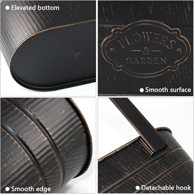 3 Pack Metal Railing Planters, 10.5" Oval Hanging Flower Pots with Detachable Hooks & Drainage Holes, Fits Rails up to 2.36", Galvanized Iron Fence Bucket for Balcony Garden Patio - Letter Black