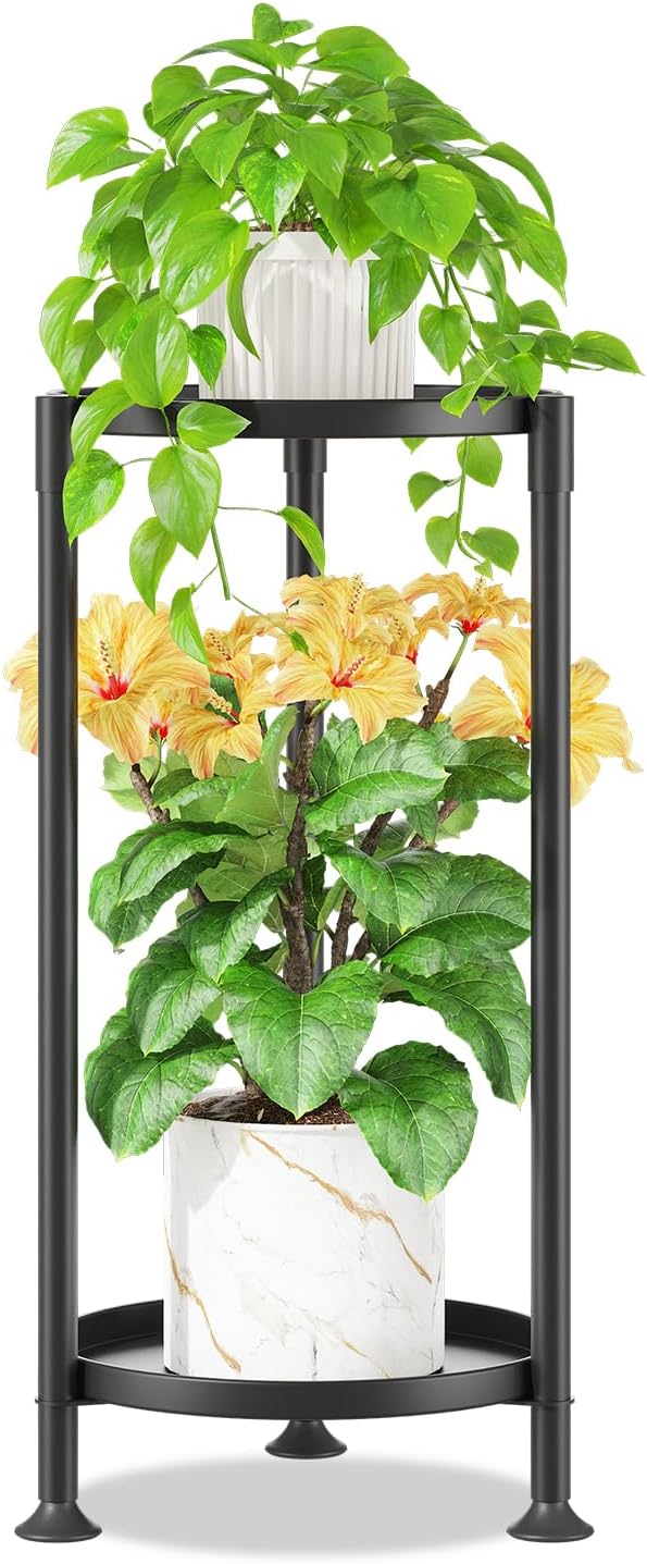iDavosic.ly 2 Tier Plant Stand Indoor with 10 Inch Wide Tray, Tiered Corner Metal Outdoor Flower Display Holder, Vertical Tall Rack for Patio Porch Living Room, Modern Black