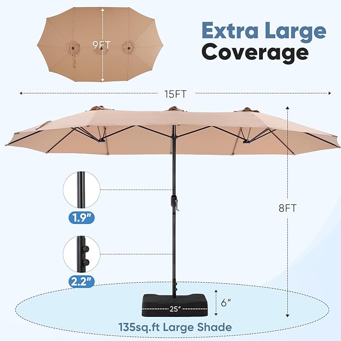DUMOS 15FT Large Patio Umbrella with Base Included, Heavy Duty Extra Wide Outside Umbrella with 12 Ribbed Bars, Rectangle Outdoor Table Umbrella for Patio, Backyard, Pool, Deck & Garden,Khaki