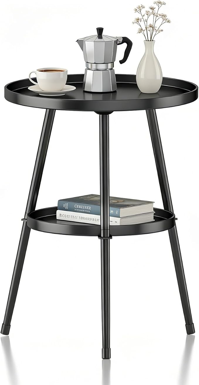 Side Table 2-Tier Small Round End Table Metal Black Accent Table for Small Spaces Indoor Outdoor Living Room Bedroom Balcony Office.