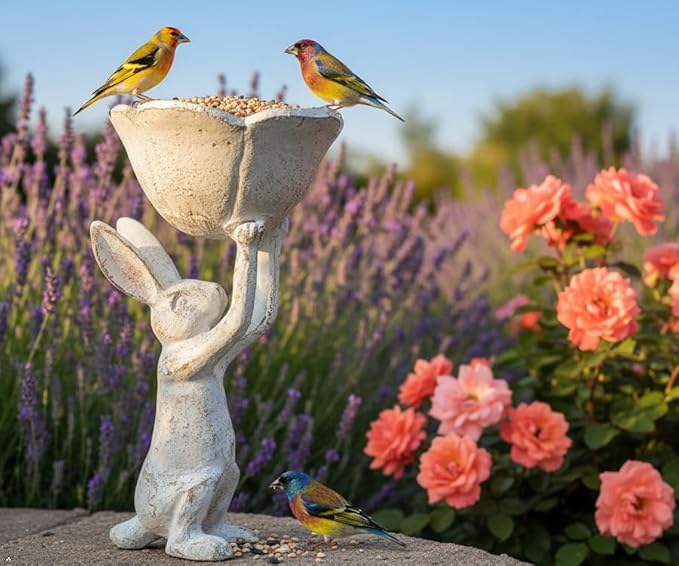 Antique White Cast Iron Rabbit with Flower Bird Feeder - 6 Inch Plant Pot or Feeder - (Cute Planter for Garden Decor for Outside)