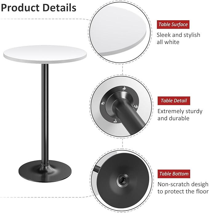 Furmax Bistro Pub Table Round Bar Height Cocktail Table for Home Bar, Small Round Bar Tables for Party, Dining Room, Living Room and Wedding, Metal Base MDF Top Obsidian, 40.6 Inch Height (4, White-1)