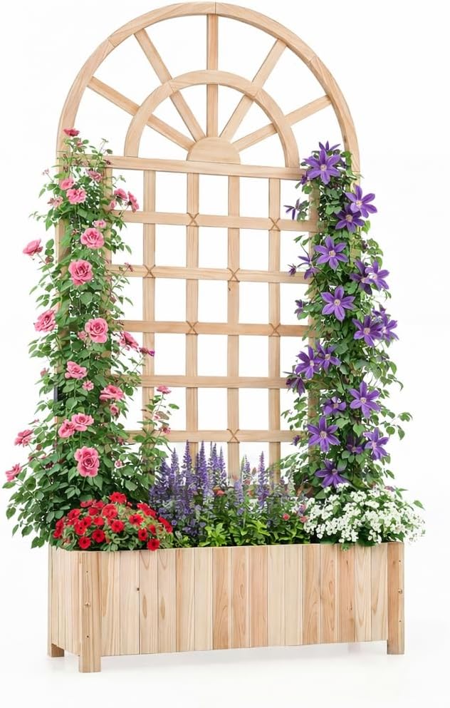 Giantex Wooden Raised Garden Bed with Arched Trellis, 71” Fir Wood Outdoor Elevated Planter Box Privacy Screen with Drainage Holes, Vertical Garden Bed for Climbing Plants, Patio Balcony Backyard