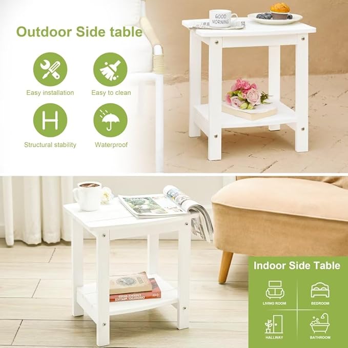 Y&M Outdoor Side Table, HIPS Adirondack Small Double Layer Table, Waterproof Square Outside Table, Balcony Modern End Tables for Patio, Pool, Beach, Porch, Deck, Indoor or Outdoor Use, White