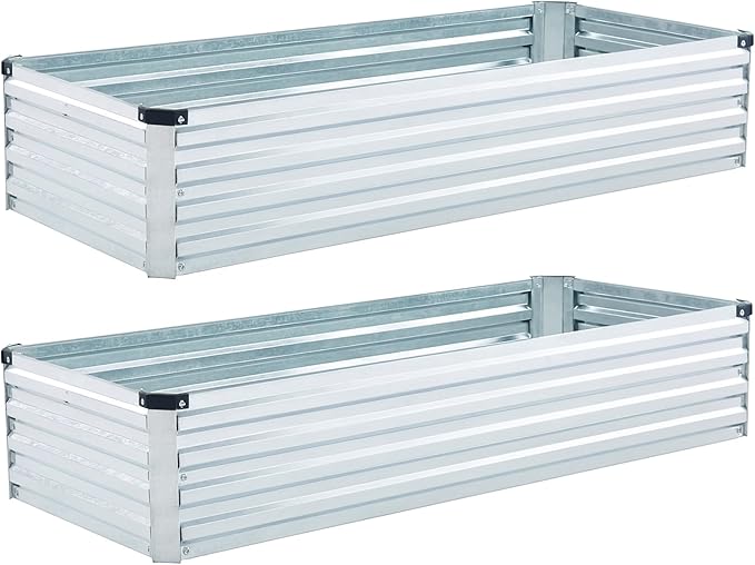 2 Pack 4x2x1FT Galvanized Raised Garden Bed Kit, Outdoor Metal Planter Box for Vegetables, Bottomless Rectangular Gardening Bed with Support Rods, Tool-Free Assembly, Silver