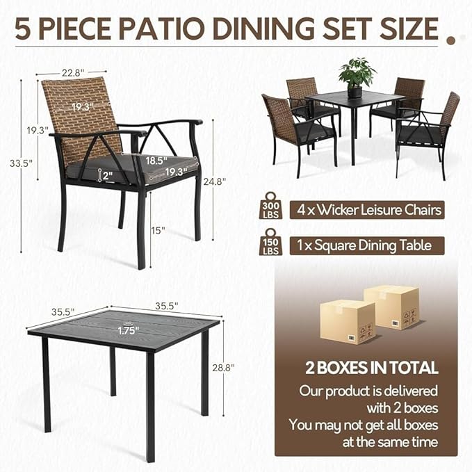 5-Piece Patio Dining Set for 4, Outdoor Dining Set with 4 Wicker Patio Dining Chairs with Cushions & 1 Black Square Woodgrain Dining Table with 1.75" Market Umbrella Hole, Black & Brown