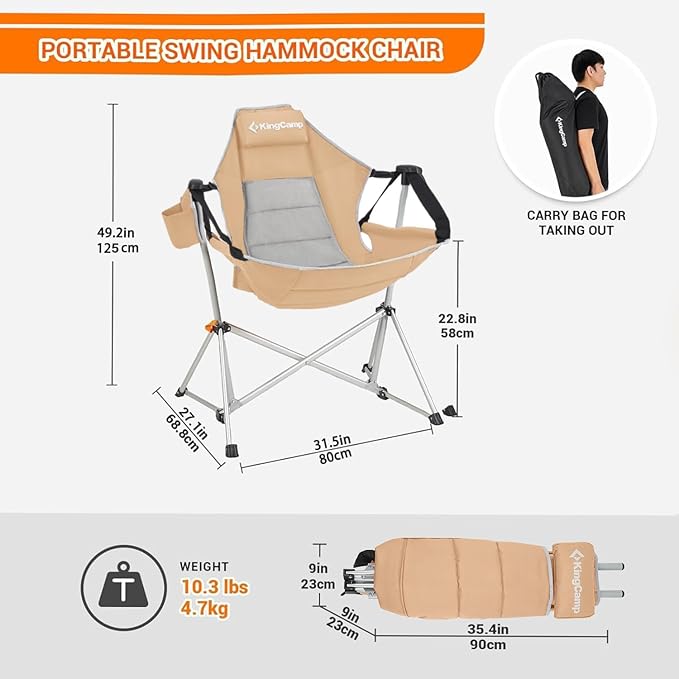 KingCamp Hammock Camping Chair, Swinging Portable Folding Camp Chairs for Adults Max 400lbs Heavy Duty Foldable Oversized Rocker with Aluminum Alloy Frame Cup Holder for Outdoor Beach Patio Sport