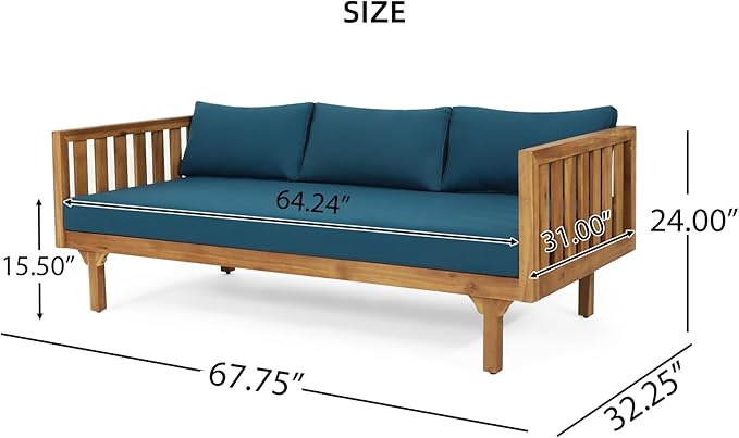 Merax Outdoor 3 Seater Daybed, Acacia Wood Day Bed Couch Sofa with Cushions for Patio Backyard, Garden, Blue