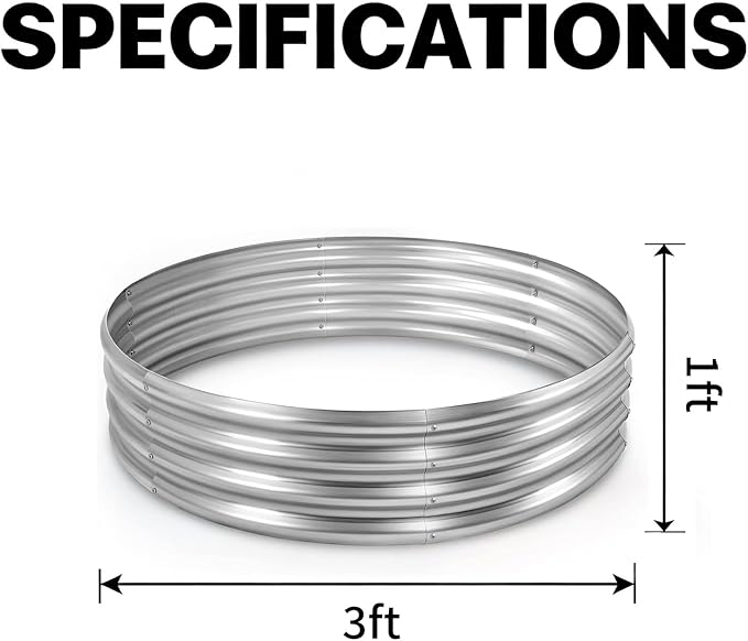 Round Galvanized Raised Garden Bed Kit, Round Galvanized Planter for Vegetables/Herbs/Flowers Heavy-Duty Steel Outdoor Water Trough (Silver, 3X3X1FT)