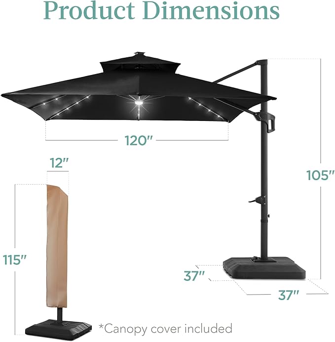 Best Choice Products 10x10ft Cantilever Patio Umbrella w/Base Included, Solar LED Lights 360 Rotation Large Offset Hanging Outdoor Shade for Deck Pool Backyard w/Stand – Black
