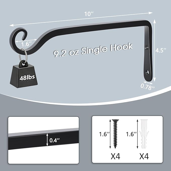 Gtongoko 2 Pack 10 Inch Metal Plant Hangers Wall Hooks for Hanging Plant Brackets, Outdoor Hooks for Hanging Bird Feeders, Flower Baskets, Lanterns, Wind Chinme, Solar Lamps
