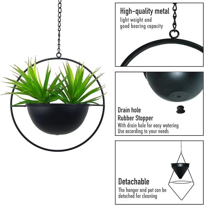 Metal Hanging Planters, Modern Plant Hanger with Pots, Set of 2 Black Plant Holders in Diamond and Round Shape, Small Wall and Ceiling Planter for Indoor Plants, Home Décor- Black