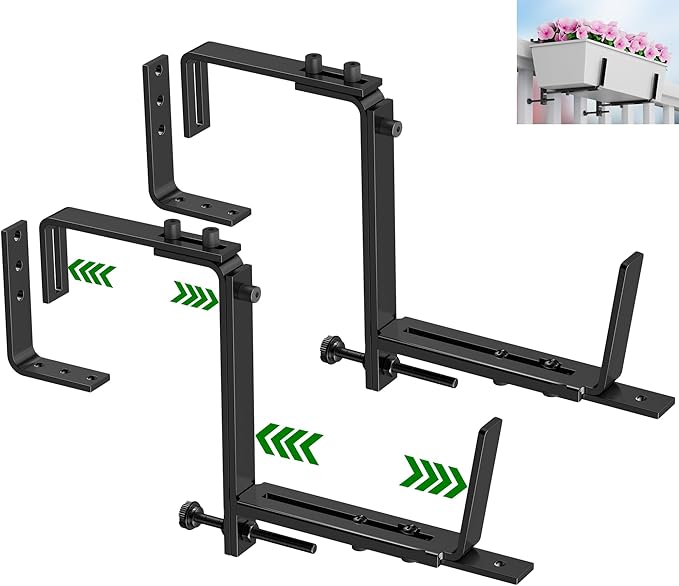 HFHOME 2PCS Adjustable Planter Box Brackets, Brackets for Window Boxes Planters Hanging Flower Box Holders, Wall Mount Holder for Windowsills, Garden, Fences, and Balcony - Black (Patent Registered)