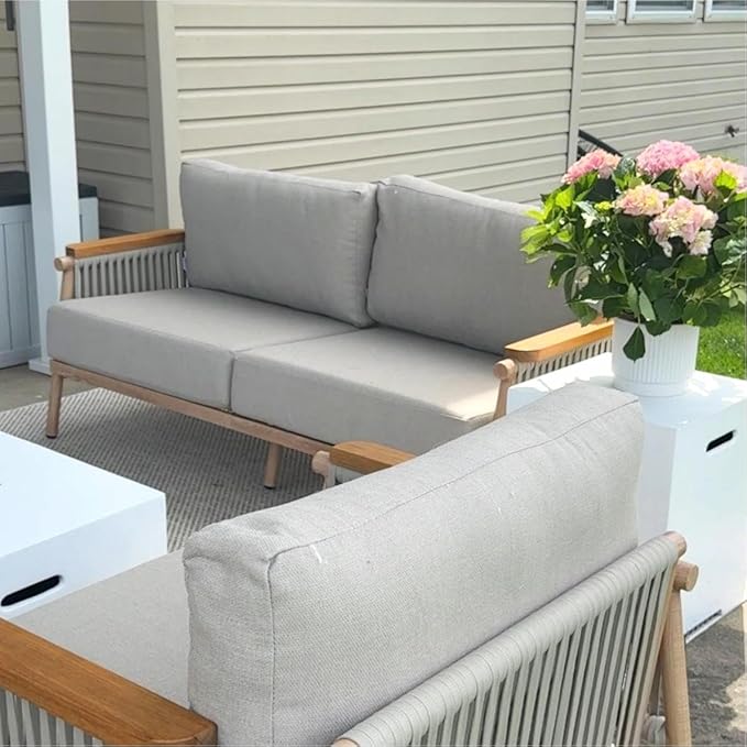 Acanva Modern All-Weather Aluminum Outdoor Patio Sofa with Thick Cushions, Olefin Fabric Sunroom Backyard Furniture, Loveseat Light Khaki