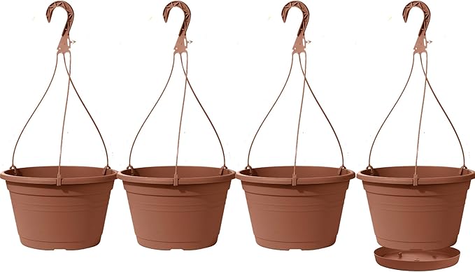 VIDELLY 4 Pcs Hanging Planters for Indoor Plants,10" Large Plastic Hanging Basket with Drainage Trays & Chain Holder for Outdoor Indoor Plants Garden Balcony Decoration, Brown