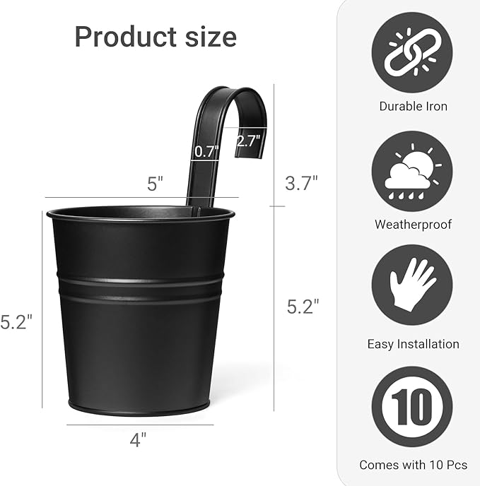 Dahey 10 Pcs Hanging Flower Pots Metal Iron Bucket Outdoor Planter for Railing Fence Balcony Garden Home Decoration Flower Holders with Detachable Hooks, Black, 5 Inches
