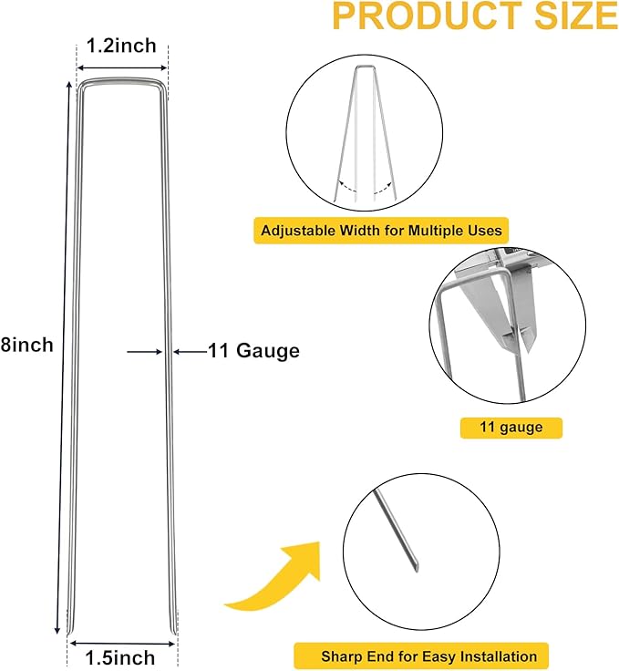 HongWay 120 Pack Landscape Staples 8 Inch, Galvanized Garden Stakes Tent Stakes Heavy Duty 11 Gauge Landscaping Fabric Pins Yard Ground Staples for Lawn, Turf, Fence, Outdoor Decorations