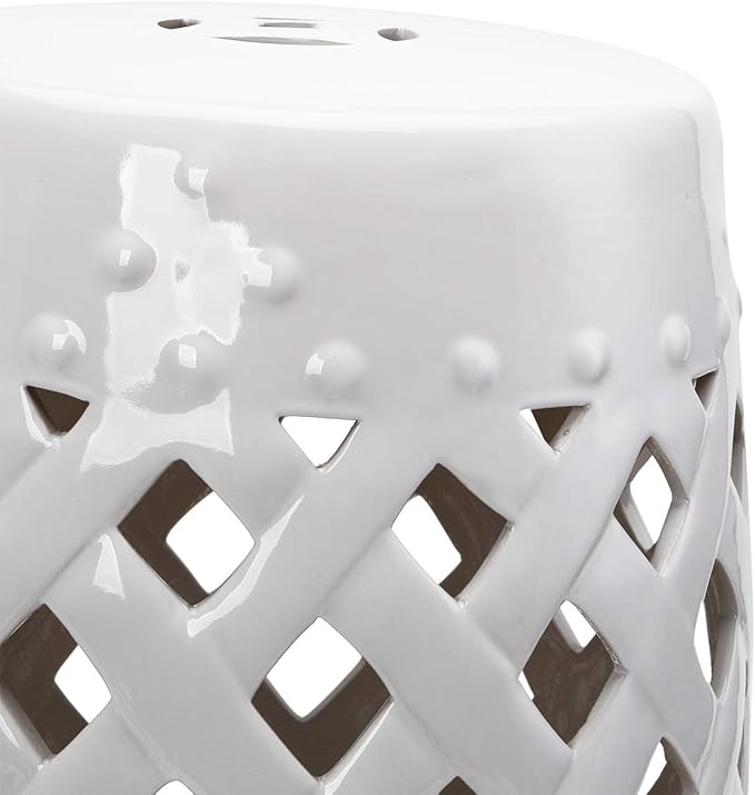 Outsunny 13" x 18" Ceramic Garden Stool with Woven Lattice Design & Glazed Strong Materials Decorative Outdoor Stool, White