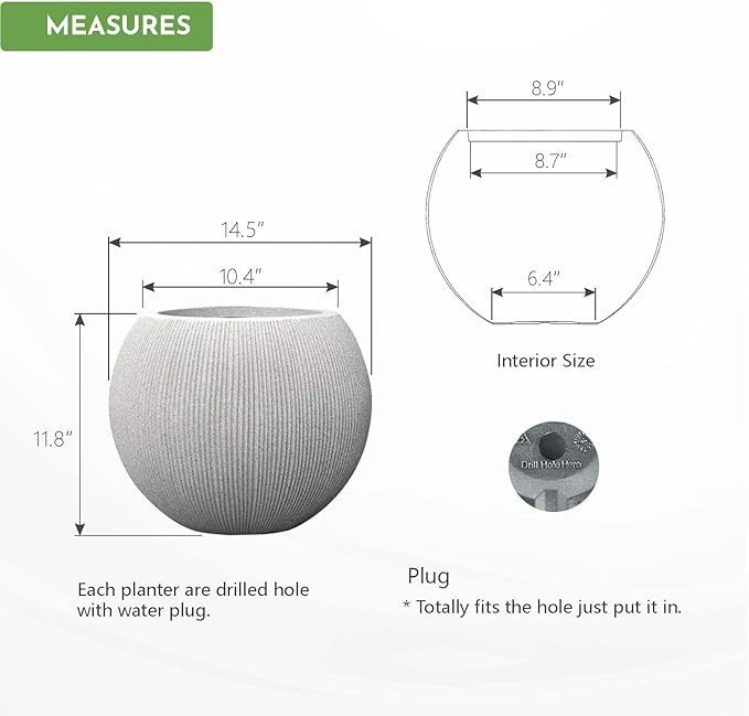 11.8" H X 14.5" D Round Plastic Planter with Drainage Hole & Plug, Large Lightweight Plant Pot, Stone Looking,Recyclable,Durable, Weather/UV Resistant for Indoor Outdoor, (8.9" Opening), Gray