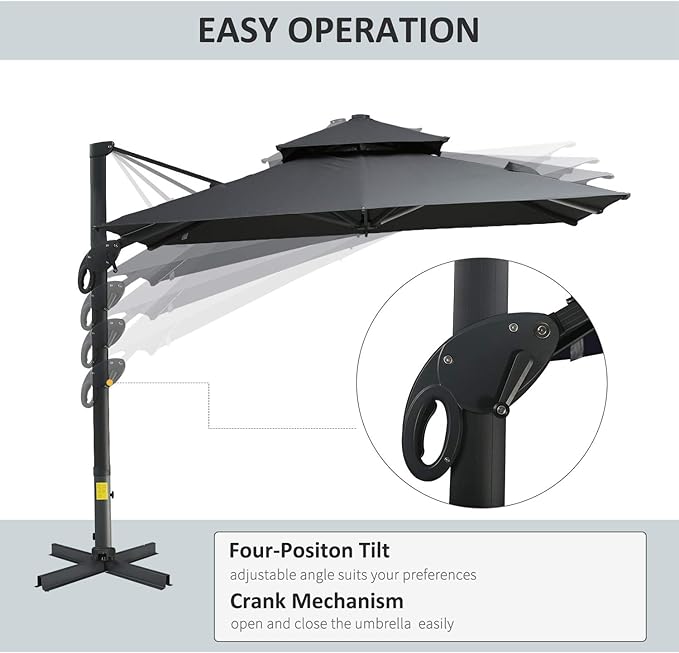 Outsunny 10ft Offset Patio Umbrella, Hanging Cantilever Umbrella, Square Shape, Aluminum Cross Base, Tilt, 360-Degree Rotation