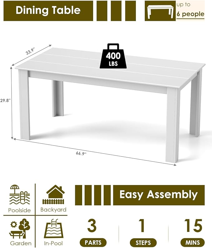 GREENVINES Outdoor Dining Table | 67’’ | HDPE | Rectangle Tables for 6 | All-Weather | Umbrella Hole | Patio Furniture | for Poolside Backyard Garden | White
