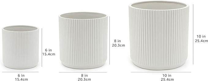 Amazon Basics Assorted Sizes Fluted Ceramic Round Indoor Outdoor Planters with Drainage Hole, Set of 3, Modern Design, 6 inch, 8 inch, 10 inch, White, Succulent Flower Pots