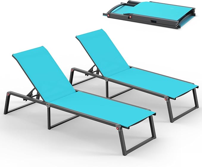 Aluminum Chaise Lounge Outdoor Set of 2, Foldable & Assembly Free Patio Pool Lounge Chairs 5-Position Recliner for Outside Poolside, Fully Grounded Legs Sun Lounger for Beach, Yard, Lake Blue