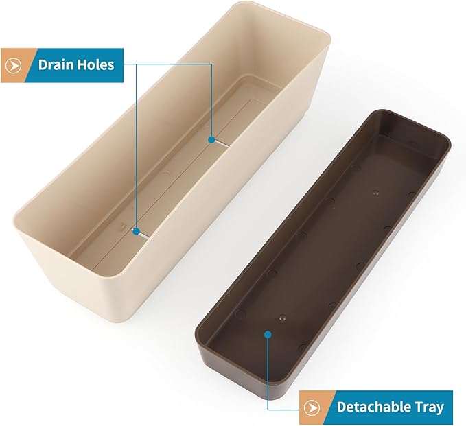Window Box Planter with Tray, 12" Rectangle Plant Pot, Pack of 3 (Beige)