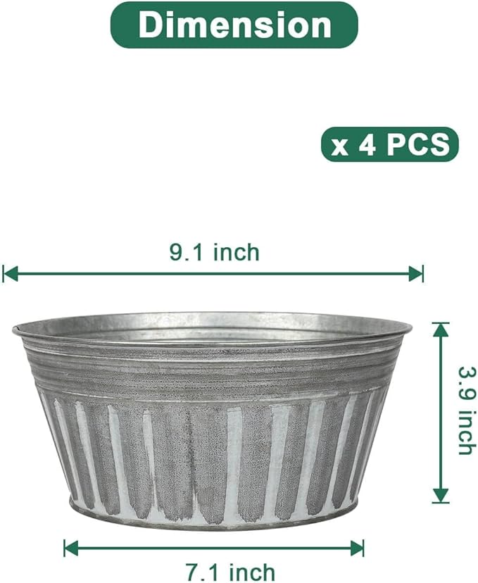 vensovo 9 Inches Silver Metal Rustic Plant Pots - 4 Pcs Large Shallow Galvanized Planters with Drain Hole and Rubber Plug, Rustproof Tin Bucket Succulent Pot Indoor Farmhouse Vintage Style for Decor