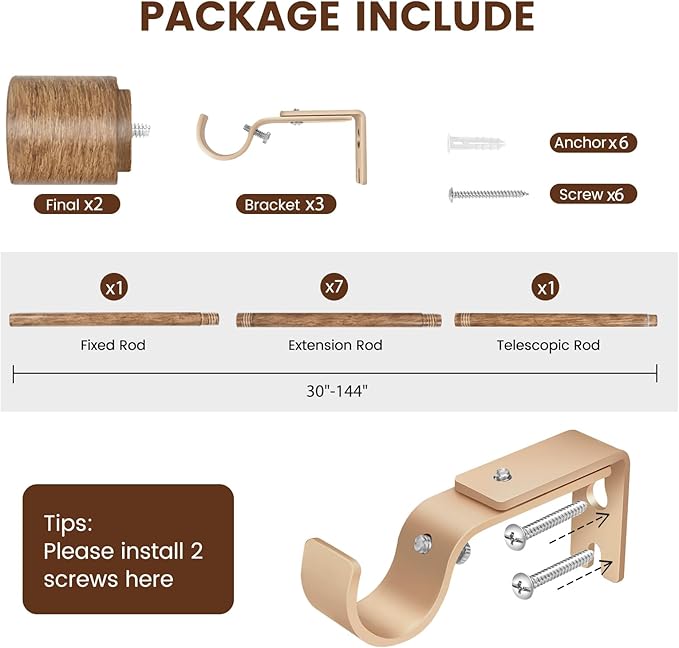 1” Diameter Curtain Rods Itself is 30 to 144 inch 1 Pack Fit 30-142 inch, 66 to 120 inch Window with Heavy Duty Adjustable Rod Matte Wood Grain Splicing Metal Extra Long Curtain Rod for Windows