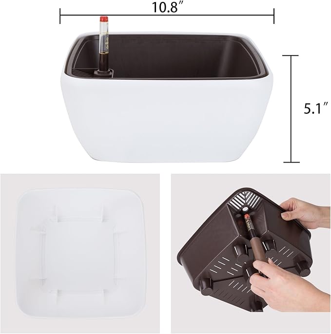 Vencer 10.8 Inch Plastic Square Self Watering Planter,Water Indicator,Modern Decorative Planter Pot for All House Plants Flowers,Herbs,Vegetables,Tropical,White,VF-049