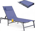 Foldable Chaise Lounge Chair with Cup Holder, Assemble-Free Outdoor Lounge Chair with Detachable Pillow and 6 Adjustable Backrest, Patio Lounge Chair for Outside Poolside Beach Pool, Blue