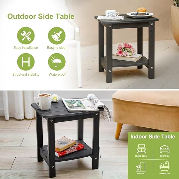 Y&M Outdoor Side Table, HIPS Adirondack Small Double Layer Table, Waterproof Square Outside Table, Balcony Modern End Tables for Patio, Pool, Beach, Porch, Deck, Indoor or Outdoor Use, Black