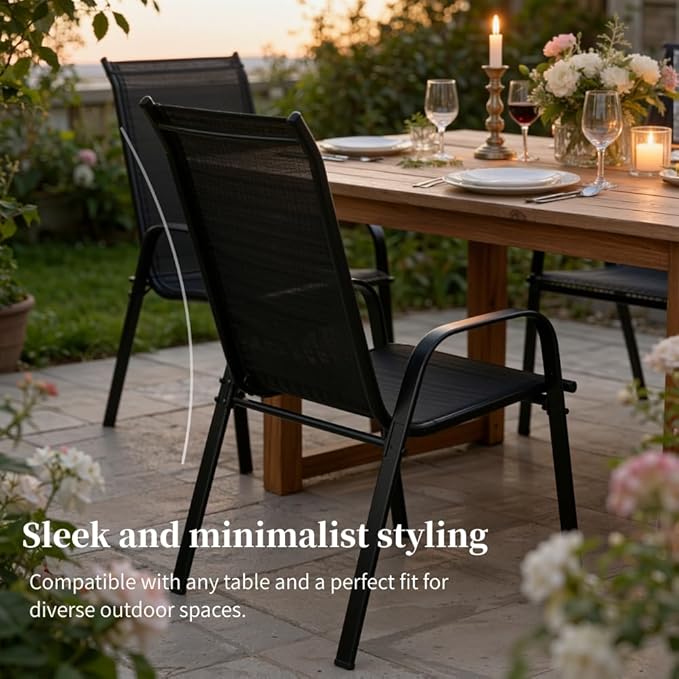 MAMIZO Patio Dining Chairs, Stackable All Weather Teslin Chair, Heavy Duty Outdoor Breathable Chairs Set, w/Armrests, Upgraded Chair FeetW/Strenthened Iron Spacers, 330 LBS (8, Black)