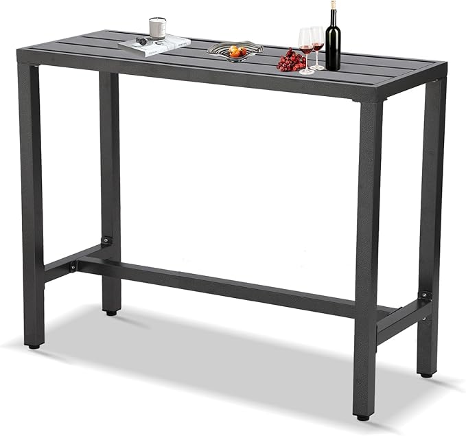 Outdoor Bar Table, Patio Console Pub Height Tables with Powder Coated Steel Frame, Weather Resistant Waterproof Top for Hot Tub, Balcony, Garden, Yard, Poolside (Grey, 55" Bar Table)