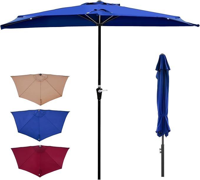 OLIXIS Half 9Ft Umbrella Outdoor Patio, Scalloped Patio Umbrella with Easy Crank, Sun Half Patio Umbrella for Balcony, Market, Garden, Blue