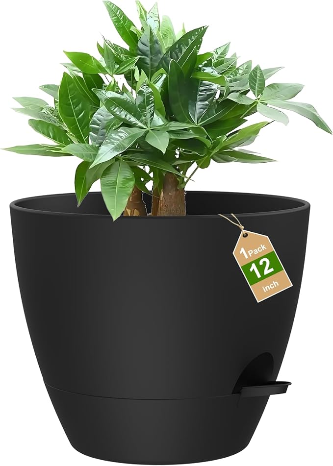 12 Inch Large Self Watering Pots, Flower Pots with Multi-Mesh Drainage Holes and Saucer, Planters for Indoor and Outdoor Garden Plants (Black)