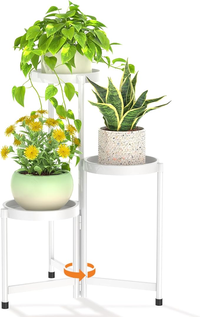 LASZOLA 3 Tiered Folding Plant Stand Indoor for Multiple Large Planter, Tall Heavy Duty Adjustable Rack with Rust Proof Plastic Shelving, Sturdy Vertical Tree Organizer for Narrow Inside Floor, White