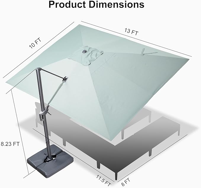 PURPLE LEAF Patio Umbrella 10' X 13' Rectangle Cantilever Umbrella Large Aluminum Outdoor Umbrellas with 360-degree Rotation & UPF40+ Premium Fabric for Deck Pool Garden Yard, Mint Green