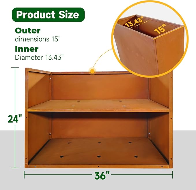 Corten Steel Metallic Heavy Planter 36" x 15" x 24" for Outdoor Plants Metal Outdoor Planter Spliced Flower Box with Partitions for Outside,Indoor,Garden (Corten, 36 * 15 * 24)