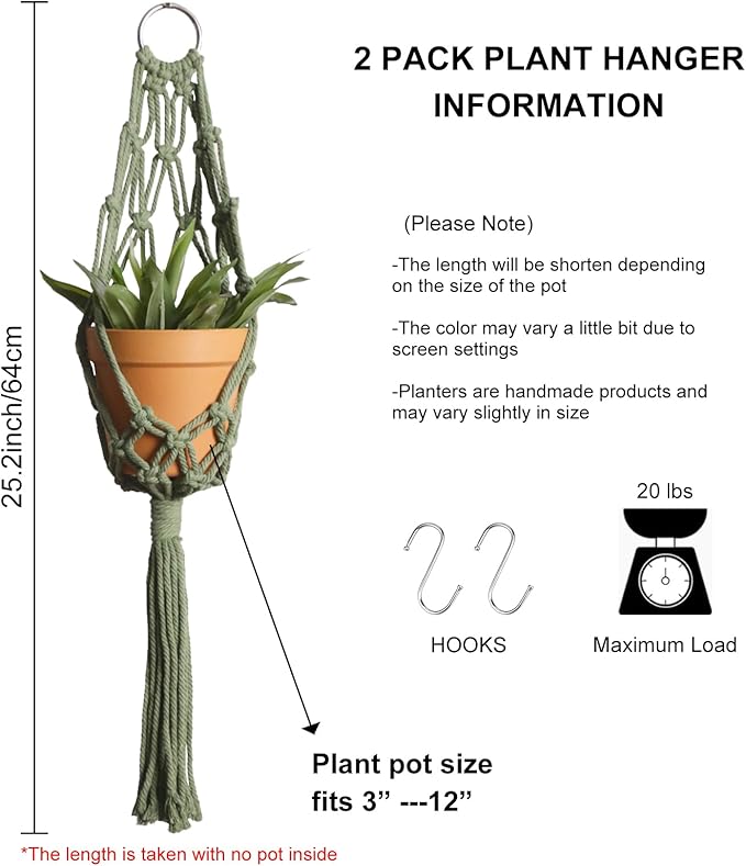 Artilady Macrame Hanging Planter for Indoor Plants, Boho Woven Plant Hanger Large Hanging Flower Pot Holders Outdoor Baskets Storage Green Wall Decor (Olive Green-2pcs)