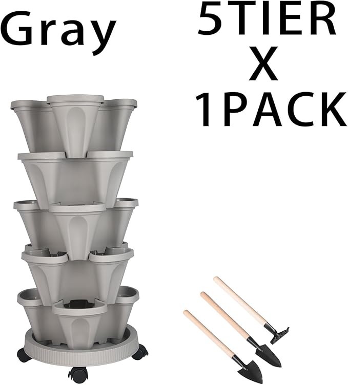 GameXcel Vertical Planter 5 Tier Stackable Planters Garden Planters Strawberry Herb Flower and Vegetable Planter Indoor Outdoor Gardening Pots with Removable Wheels and Tools - Gray