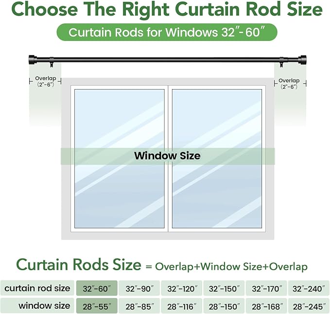 Time Forest Black Curtain Rods for Windows 28 to 48 Inch (2.3-4 Feet), 1 Inch Diameter Adjustable Heavy Duty Curtain Rod, Modern Style Indoor Outdoor Window Drapery Rods with End Caps, Size 32"- 60"