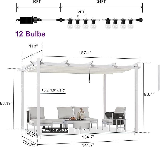 PURPLE LEAF 10' x 13' Aluminum Outdoor Pergola Retractable Pergola with Double Sun Shade Canopy White Modern Grape Trellis Metal Pergola with Light for Patios Garden Deck Backyard, White