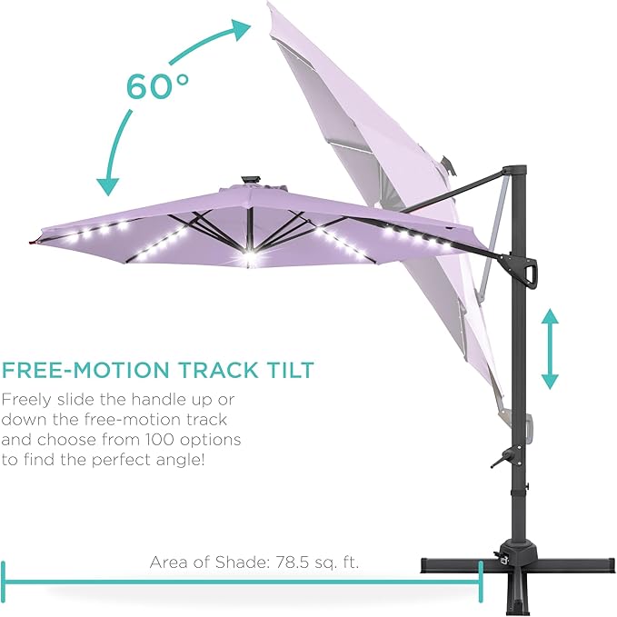 Best Choice Products 10ft Solar LED Cantilever Patio Umbrella, 360-Degree Rotation Hanging Offset Market Outdoor Sun Shade for Backyard, Deck, Poolside w/Lights, Easy Tilt, Cross Base