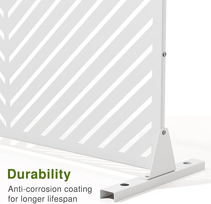 Casaphoria Metal Privacy Screen Outdoor, 72" H x 47" W Freestanding Decorative Privacy Screen for Patio Deck Balcony Garden with Stable Base, White-Parallel