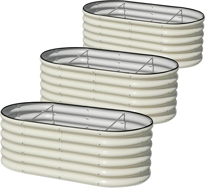 SnugNiture 3 Pcs 4x2x1.5ft Raised Garden Bed Outdoor, 17" Tall Galvanized Metal Planter Box, Oval Raised Garden Bed Kit for Planting Vegetables Plants Fruits, Beige White