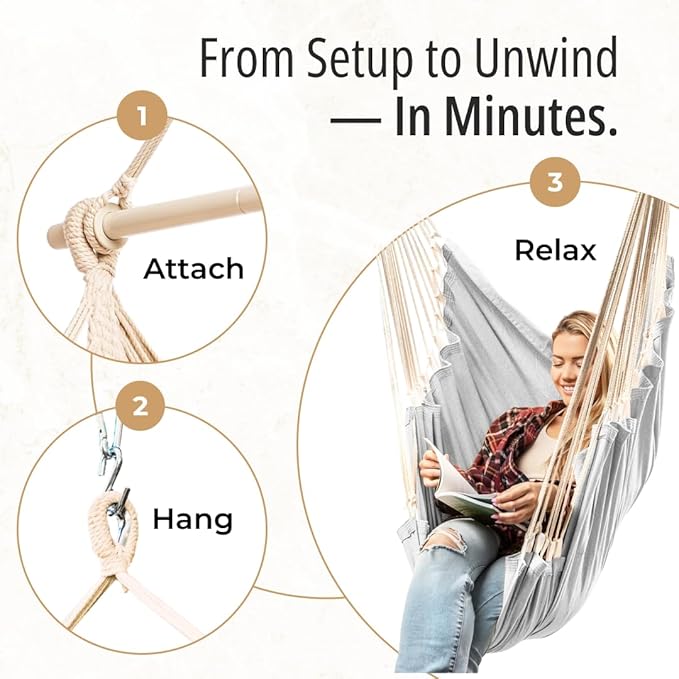 Hanging Hammock Chair Swing - Hammock Swing Chair with Foot Rest - Indoor/Outdoor Hanging Chair - Quick & Easy Setup with Durable Hardware – Spacious Full Body Support – Holds 440 Lbs