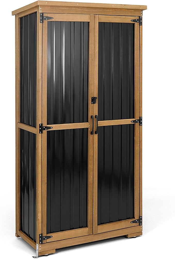 PetsCosset Outdoor Storage Cabinet, Wood & Metal Storage Shed with Weather-Resistant Roof, Removable Shelves, Lockable Doors, Outside Storage Tool Organizer for Garden, Patio, Backyard, Garage, Pool