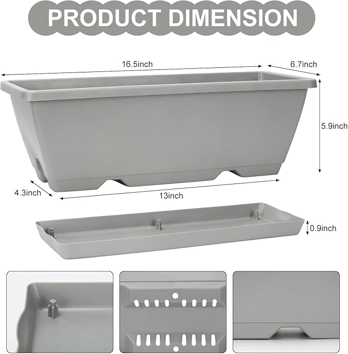 Window Box Planter, 6 Packs 17 Inches Rectangle Planters Box with Drainage Holes and Trays, Vegetable Planters for Windowsill Patio Garden Home Decor Porch Yard Light Gray